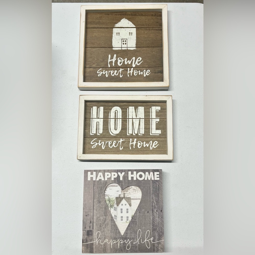 Rustic Distressed Primitive Brown and White 'Home Sweet Home' Wall Art Set of 3